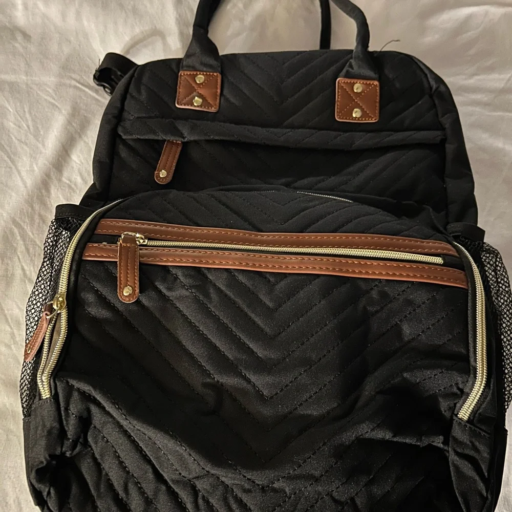 Black Quilted Diaper Backpack with Brown Accents